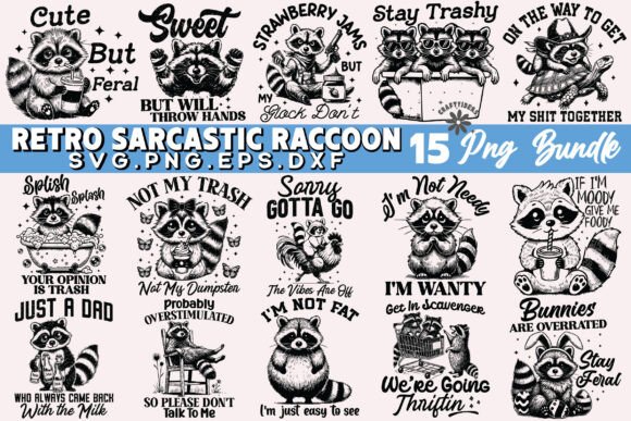 Retro Sarcastic Raccoon PNG Bundle: Unleash Your Inner Trash Panda